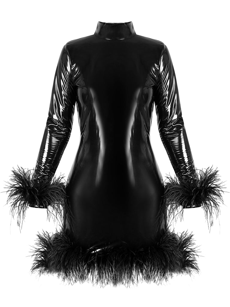 Latex dress with feathers CHAOS BLACK